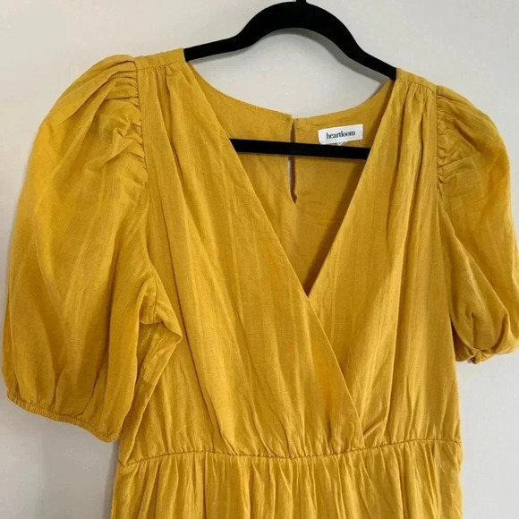 Midi Yellow Tiered Puff Sleeve Dress - V-Neck - 100% Cotton - Picture 3 of 10